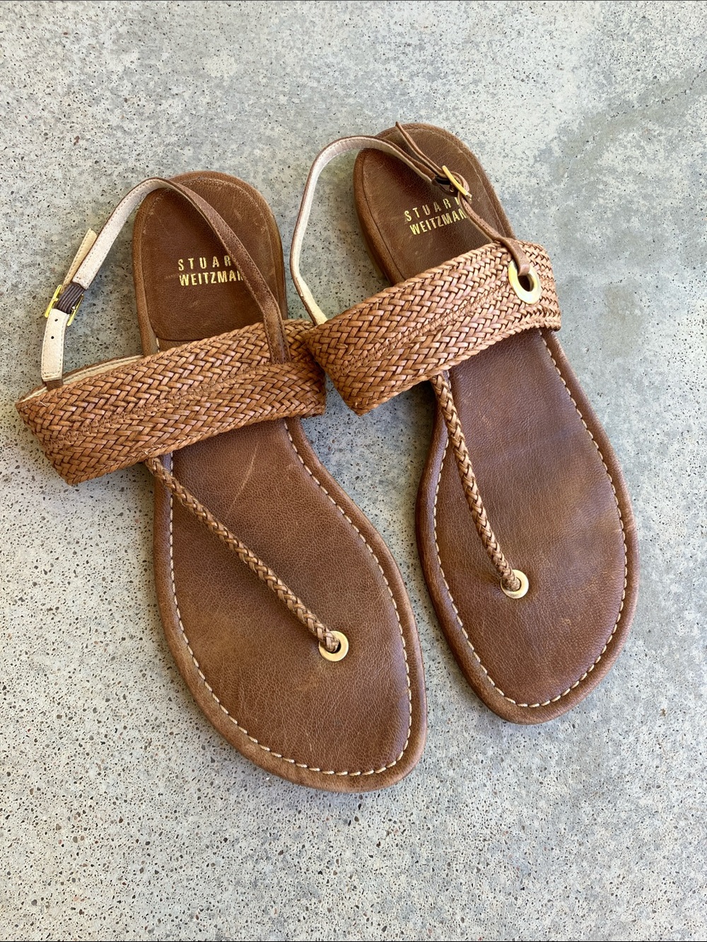 Stuart Weitzman Brown Leather Flat Sandals, 8.5